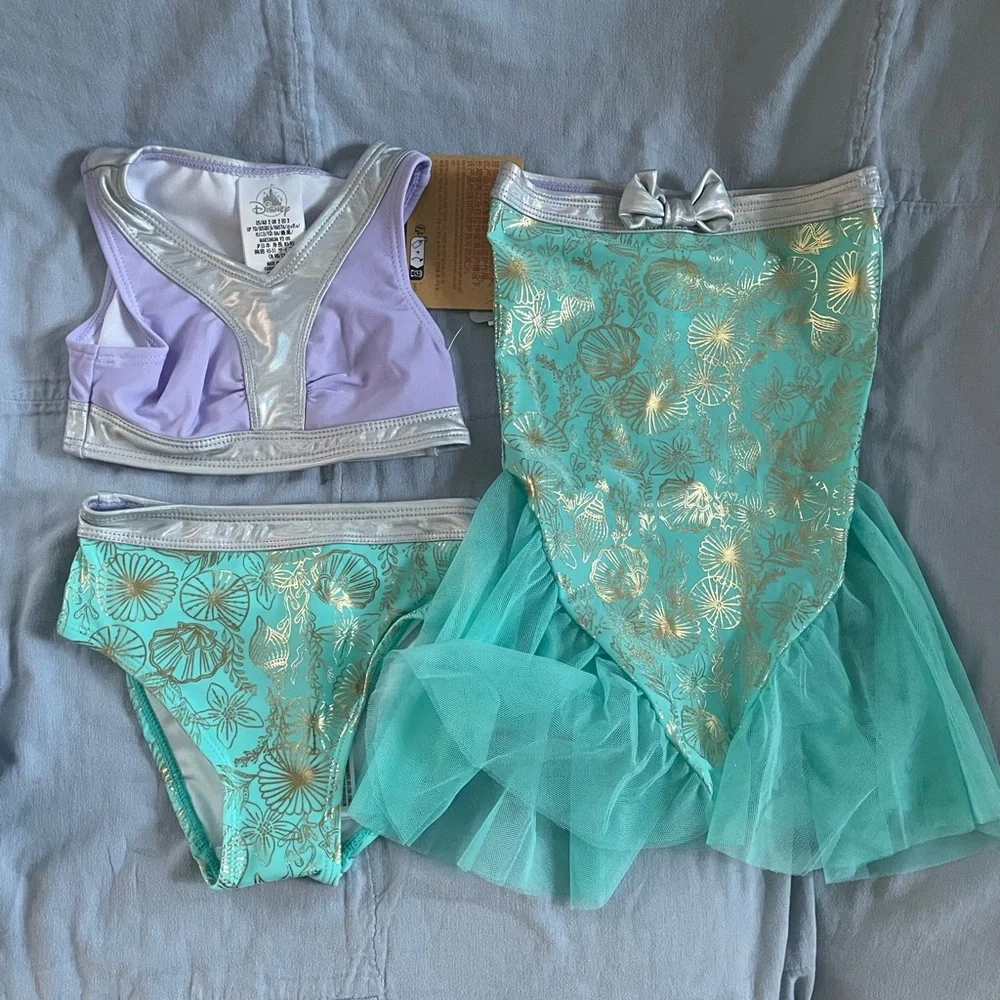 NEW Disney Parks The Little Mermaid Girls 3-Piece Swimsuit Set Tail Skirt Sz 2